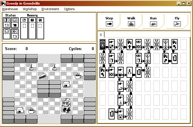 A screenshot of Klause Breuer's conversion of ChipWits for windows. It features black and white pixel graphics identical to the Macintosh version.