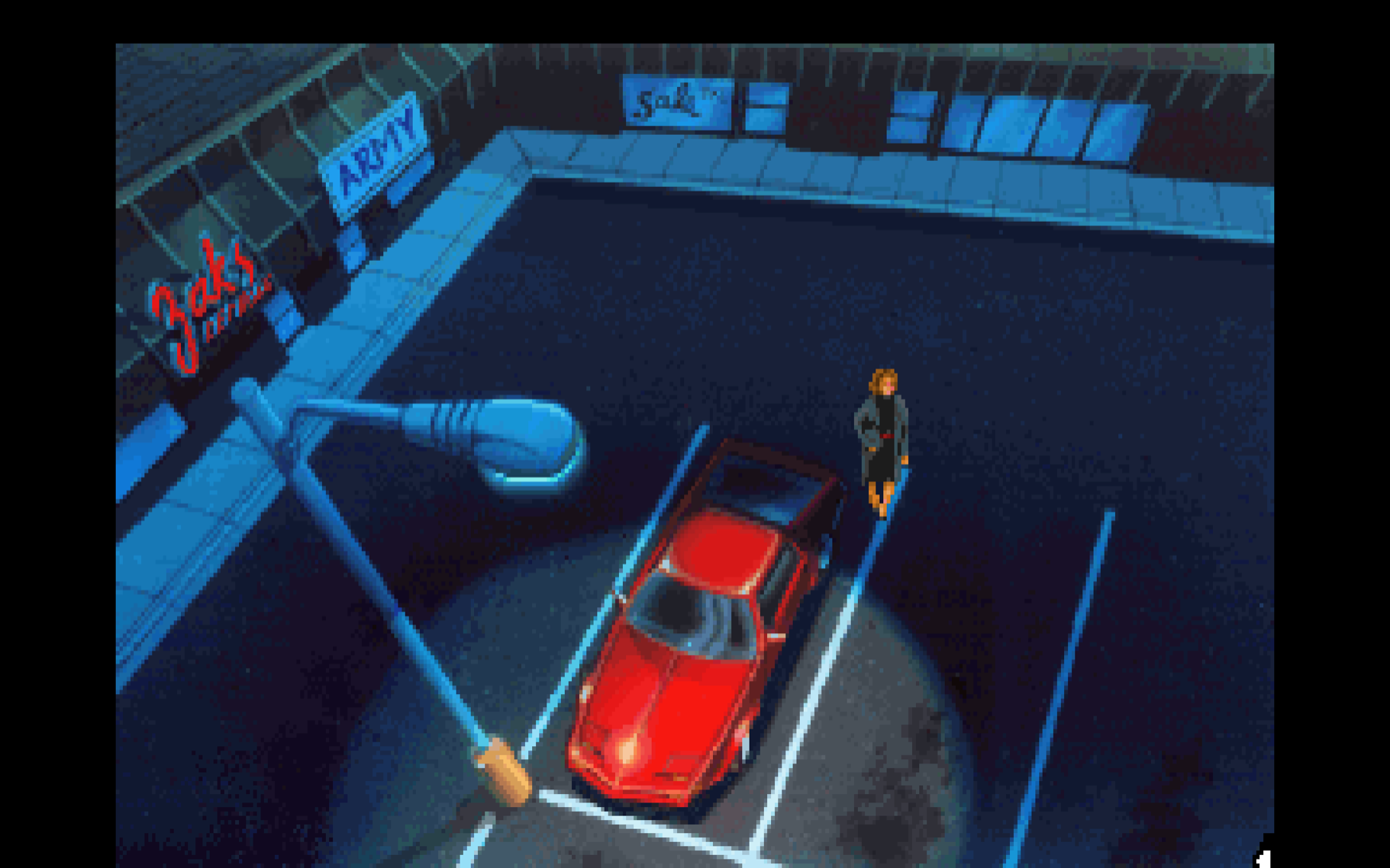 A screenshot from Police Quest 3 of a parking lot with a woman walking to her red sports car. The artist has painted this from an extremely sharp and high angle, as if floating above a light pole in the scene.