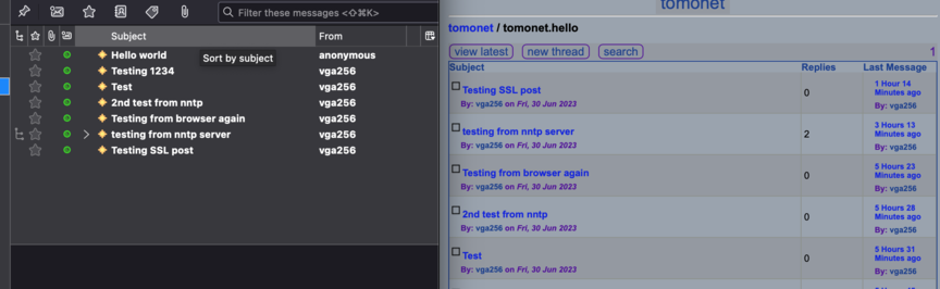 Side-by-side windows showing the tomo distributed network.

Left: A series of messages posted to tomonet.hello in Thunderbird.
Right: A series of messages posted to the same group in a web browser.