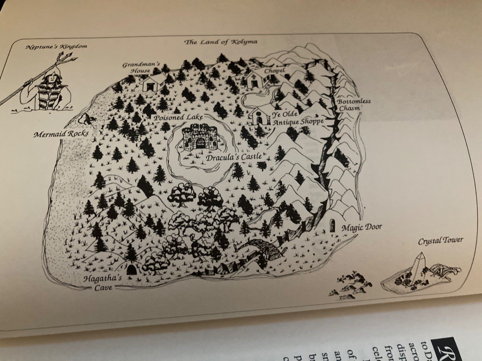 A hand-drawn map of The land of Kolyma. It shows a hilly area, interspersed with trees. Dracula's Castle lies in the center of a Poisoned Lake.