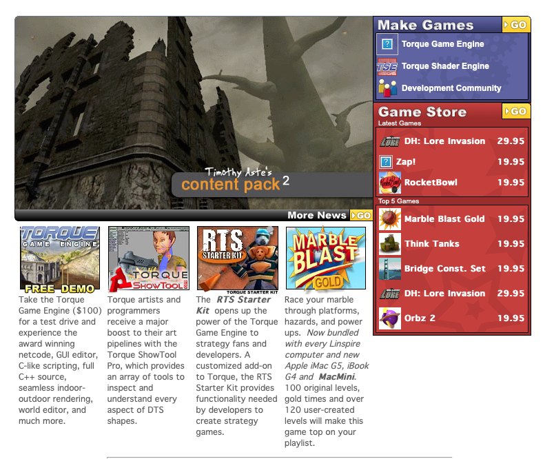 GarageGames' Torque Game Engine website, circa 2004. It shows several games for sale, including Marble Blast Gold and Think Tanks.