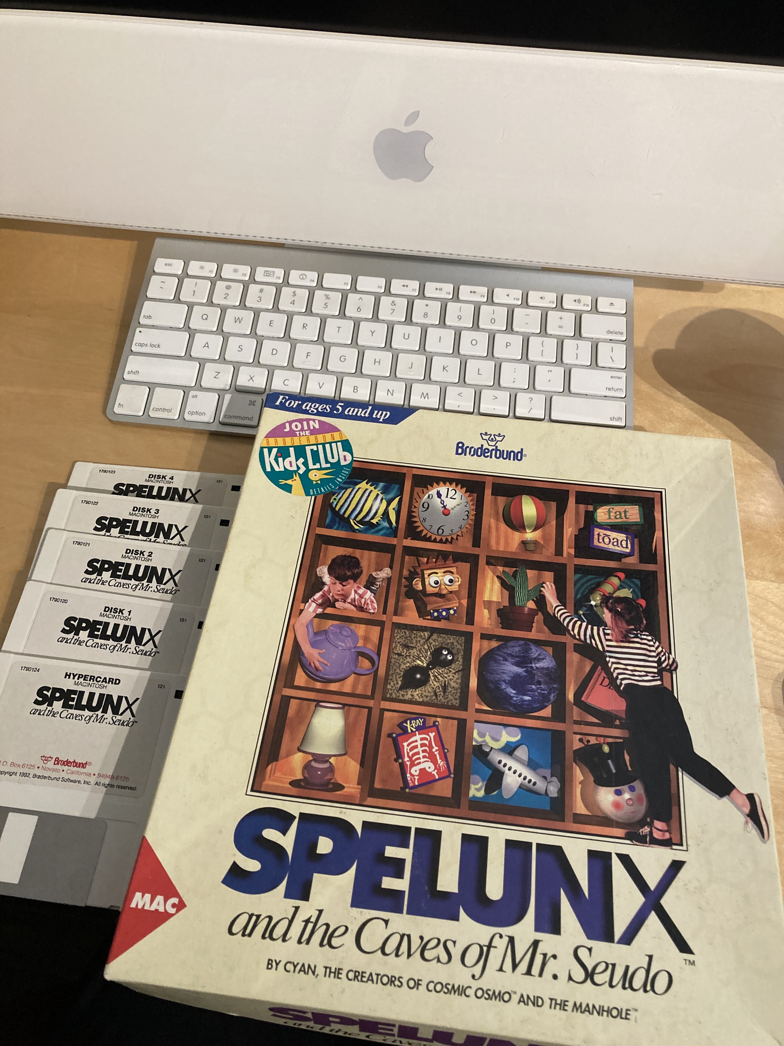 A boxed copy of Spelunx and the Caves of Mr. Seudo, along with its five floppy disks.