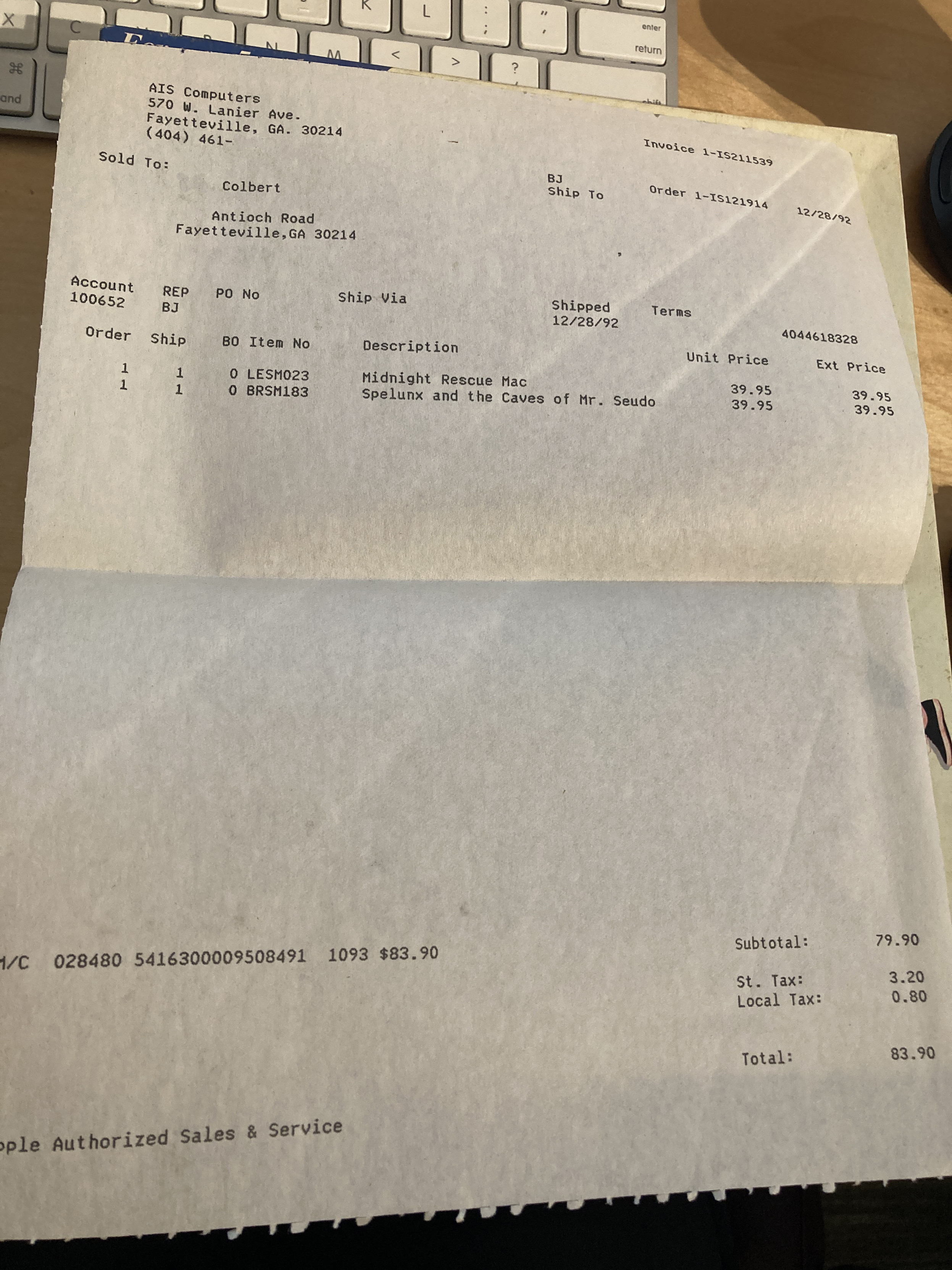 An invoice for Midnight Rescue and Spelunx for the Apple Macintosh.

The invoice is dated December 28, 1992. The games are priced at $39.95 each, plus tax. It was purchased at AIS Computers in Fayetteville, Georgia.