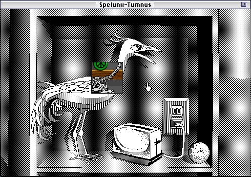 A black and white illustration of a bird, with a colour "x-ray" image overtop. As the user moves the x-ray box, it reveals a colour skeleton of the animal beneath.