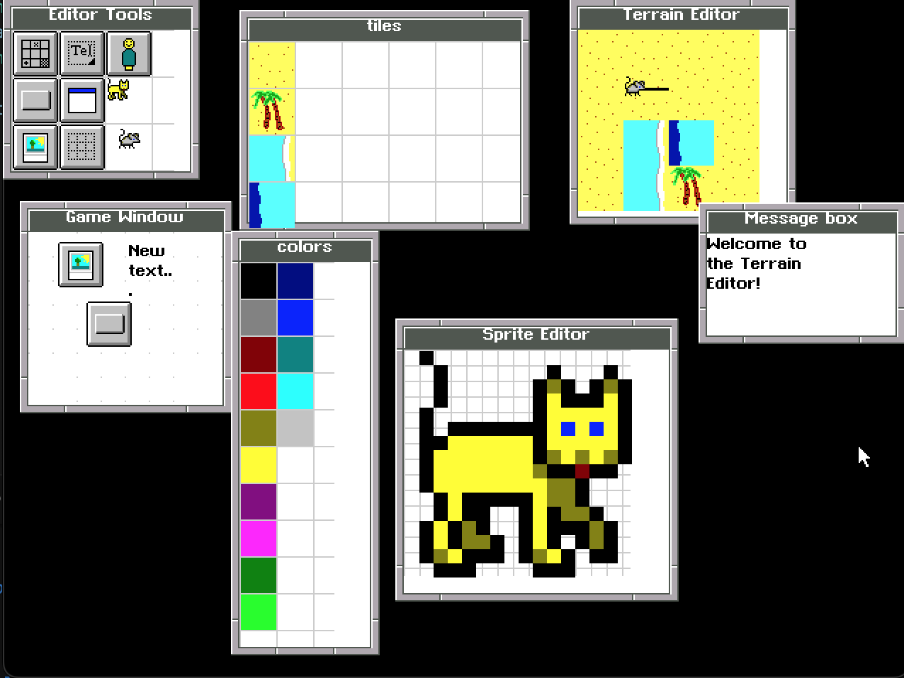 A game creation kit using the GeoWorks ensemble GUI skin for window frames, and the windows 3.1 grey icons for buttons.

Windows, clockwise from top-left:
Editor Tools: drag and drop these GUI elements into the Game Window. There is a Tile map tool, a Label tool, an NPC tool, a Button tool, a new Window tool, a cat-NPC tool, a mouse-NPC tool, an image tool and a grid tool.

Tiles: A tile window showing the available tile brushes to create a map with.

Terrain Editor: a tile map made using the tile brushes, with a little mouse on it.

Message box: a pop-up box that reads "Welcome to the Terrain Editor!"

Sprite Editor: A cat has been loaded into the sprite editor.

Colors: A palette of 16 default Windows 3.1 colours

Game Window: a sample game window, Visual Basic style, showing a clickable button, a text label, and an image loaded.