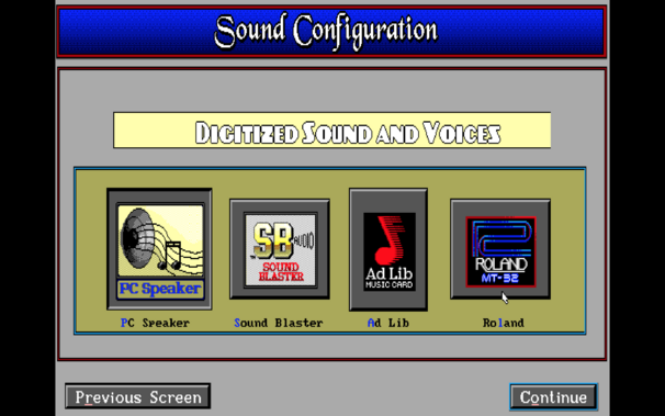 The sound selection page of a high res 16 colour DOS game installer, showing the PC Speaker, Sound Blaster, AdLib and Roland MT-32 as options.