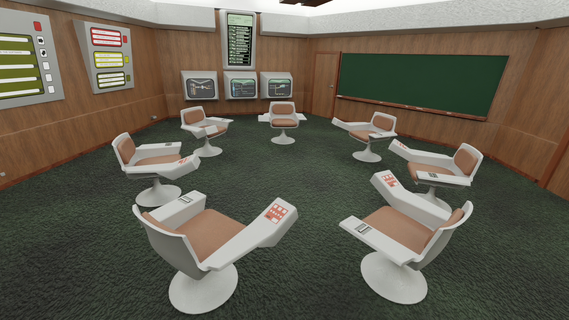 Six star trek-like tulip chairs sit in a circle, facing one another. Each has a control panel on the arm. Two displays on the left show information about the economy.